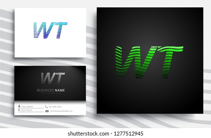 Letter WT logotype with colorful circle, with striped composition letter, sets of business card for company identity, creative industry, web.