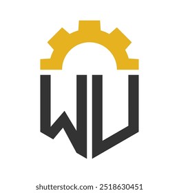 Carta WU Gear Design de logotipo para o centro de serviços, reparação, fábrica, industrial, digital e mecânica de negócios