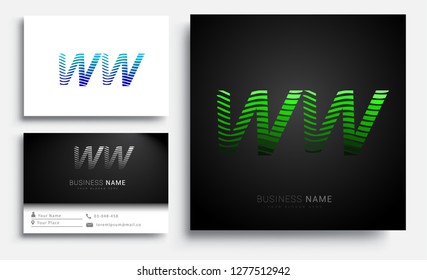 Letter WW logotype with colorful circle, with striped composition letter, sets of business card for company identity, creative industry, web.