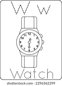 Letra w mayúscula y minúscula, niños lindos coloreando un reloj, hoja de cálculo de práctica de seguimiento del alfabeto ABC de un reloj para niños aprendiendo vocabulario inglés y ilustración vectorial de escritura a mano