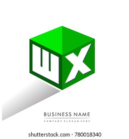 Letter WX logo in hexagon shape and green background, cube logo with letter design for company identity.
