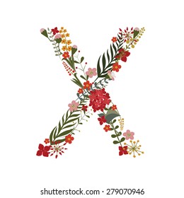 Letter X - 24 letter of the alphabet. Vector hand-drawn monogram composed of flowers, branches and leaves on a white background.