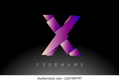 Letra X con el diseño del logotipo de efecto de corte abstracto. Ilustración vectorial creativa con color de gradiente azul y rosa vibrante.