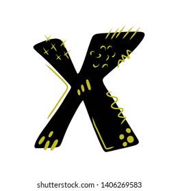 Letter X - abstract vector black font with  yellow dots, stripes, lines, spots. Abc, alphabet isolated on white background. Perfect illustration for your design - print, poster, card, logo, label