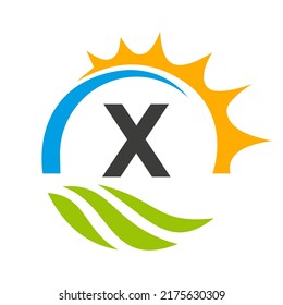 Letter X Agriculture Logo Vector Template. Agriculture Logo Concept with Green Field and Bright Sun Element