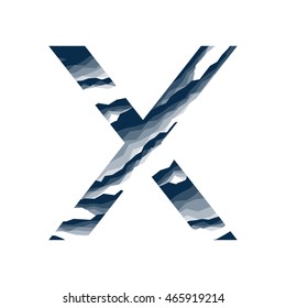 The letter X, in the alphabet abstract background marble, bark, mountain, stone layer  set dark blue shade color isolated on white background