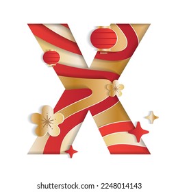 Letter X Alphabet Font Chinese New Year Concept Character Font Letter Abstract Paper Flower Lantern Lunar Festival Element Sparkle Gradient Red Gold 3D Paper Layer Cutout Card Vector Illustration