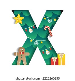 Letter X Alphabet Font Cute Merry Christmas Concept Star Gingerbread Man Candy Cane Gift Christmas Tree Character Font Christmas Element Cartoon Green 3D Paper Layer Cutout Card Vector Illustration