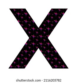 letter X of the alphabet made with a pattern of pink fuchsia flowers on a black background, isolated on white background, vector. with colors pink, red, purple, black and white