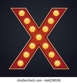 Letter X alphabet sign marquee light bulb vintage carnival or circus style ,Vector illustration