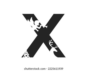 letter x and angel  deer   christmas tree  initial letter for Christmas   New Year holiday design  isolated vector image in simple style