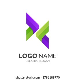 letter x and arrow logo template, modern 3d logo style in gradient green and purple color