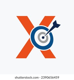 Logotipo de objetivo de flecha X de letra Combinar con símbolo de destino de plegado