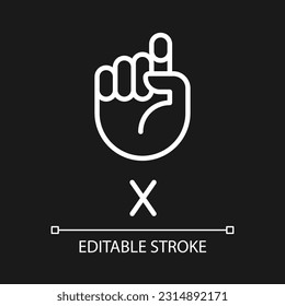 Letter X in ASL pixel perfect white linear icon for dark theme. American sign language. Visual modality. Thin line illustration. Isolated symbol for night mode. Editable stroke. Arial font used