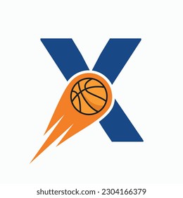 Letter X Basketball Logo Concept With Moving Basketball Icon. Basket Ball Logotype Symbol