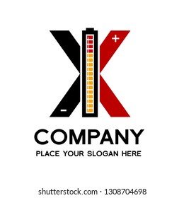 Letter X battery vector logo template. Alphabet graphic with current positive and negative symbol. Black, red and yellow color. This logo is suitable for electric, technology, power and energy supply.