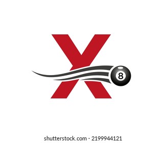 Letter X Billiards or Pool Game Logo Design For Billiard Room or 8 Ball Pool Club Symbol Vector Template