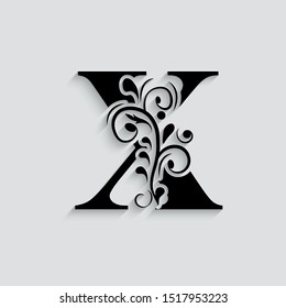 letter X. Black flower alphabet.  Beautiful capital letters.