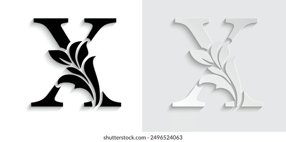 letter X Black flower alphabet. Beautiful capital letters with shadow