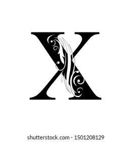 letter X. Black flower letters,  alphabet.  Beautiful capital letter. vector