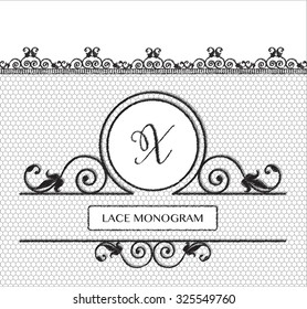 Letter X black lace monogram, stitched on seamless tulle background with antique style floral border. EPS10 vector format.