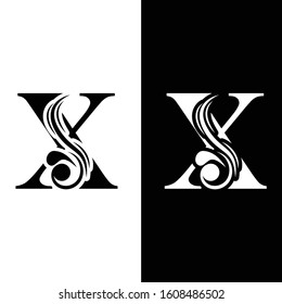 letter X. Black and white flower alphabet.  Beautiful capital letters 
