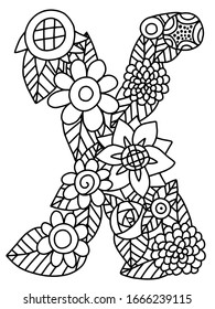 Letter X of blooming flowers for monogram and invitation. Capital floral english letter white isolated stock vector illustration. Stylized simple roman letter X linear of blossom flower. 