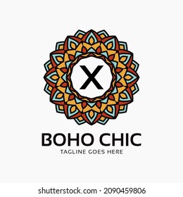 letter X boho chic round decoration vintage color mandala vector logo design element