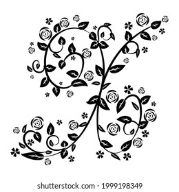 Letter X with botanical elements. Monogram arrangement. Vector floral letter design. Composition for card, invitation, save the date, logo, business style.