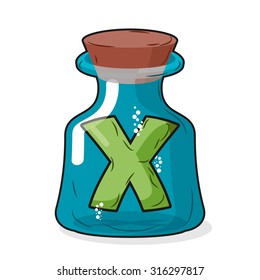  letter X in  bottle for experiments. writing in vessel. Laboratorto the container.Laboratory research vessel. Vector illustration figure for chemical tests. 