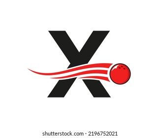 Letter X Bowling Logo. Bowling Ball Symbol With Red Moving Ball Vector Template
