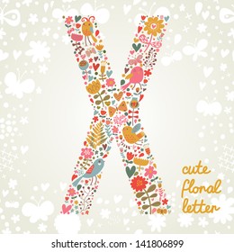 The letter X. Bright floral element of colorful alphabet made ??from birds, flowers, petals, hearts and twigs. Summer floral ABC element in vector