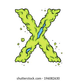 The letter X. Bright green element stylish alphabet style zombies. Halloween ABC grimy element in the vector. Hand drawn letter X isolated on white background.