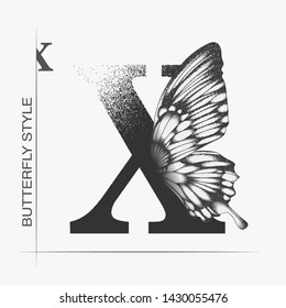 Letter X with butterfly silhouette. Monarch wing butterfly logo template isolated on white background. Calligraphic hand drawn lettering design. Alphabet concept. Monogram vector illustration. EPS 10