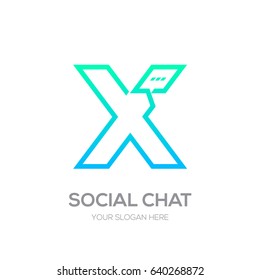 Letter X with Chat logo line shape, Social Talk, Social media, Abstract speak, Square speech logotype