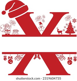 Letter X, X Christmas Monogram, Letter X Silhouette with Christmas symbols, Christmas logo, Christmas Design for Print, Screen Print T-Shirt