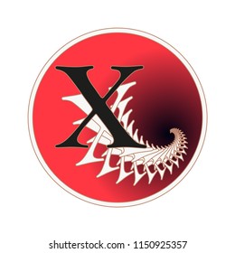 letter X circular label with fractal spiral tail pattern in red and white