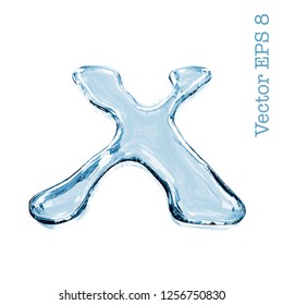 Letter x from clear transparent bluish water droplets. Isolated on white background. Vector EPS 8.