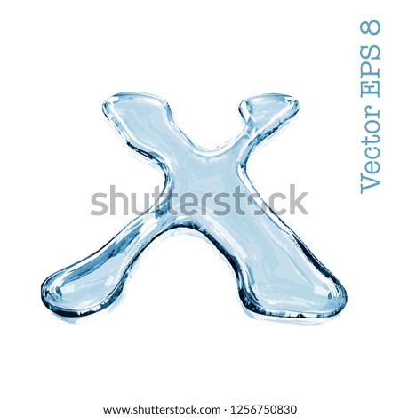 Letter x from clear transparent bluish water droplets. Isolated on white background. Vector EPS 8.