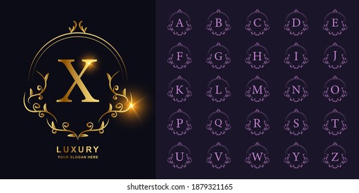 Letter X or collection initial alphabet with luxury ornament floral frame golden logo template.
