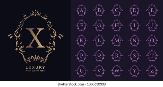 Letra X o colección alfabeto inicial con una plantilla de logotipo dorado de marco floral adornado de lujo.