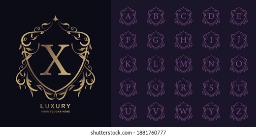 Letter X or collection initial alphabet with luxury ornament floral frame golden logo template.
