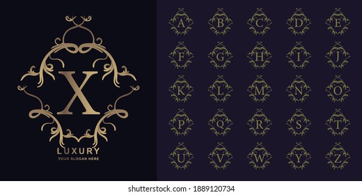 Letter X or collection initial alphabet with luxury ornament floral frame golden logo template.