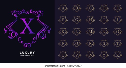 Letra X o colección alfabeto inicial con una plantilla de logotipo dorado de marco floral adornado de lujo.