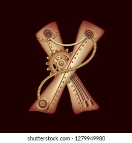 Letter X from the complete set of characters of the font. Symbol of the Latin alphabet and English language. Copper and brass fantasy mechanical steampunk construction with tubes, gears and rivets.