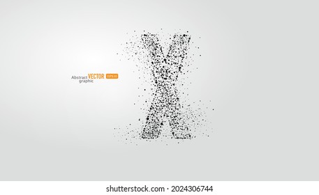 The letter x is composed of particles on gray background. Abstract vector font material.