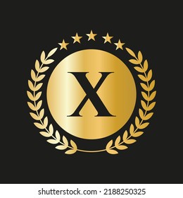 Letter X Concept Seal, Gold Laurel Wreath and Ribbon. Luxury Gold Heraldic Crest Logo Element