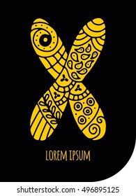 Letter X in creative hand drawn / calligraphy mosaic style. High detail golden letter for decoration of kids' illustrations, websites, posters, comics and banners.Isolated vector illustration.