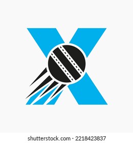 Letter X Cricket Logo Concept With Moving Cricket Ball Icon. Cricket Sports Logotype Symbol Vector Template