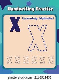 Letter X cute children colorful ABC alphabet trace practice worksheet for kids learning and handwriting layout in printable vector illustration.